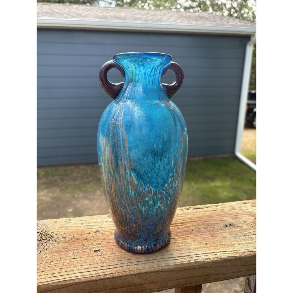 Dale Tiffany Turquoise Glass Vase w Infused Copper Design